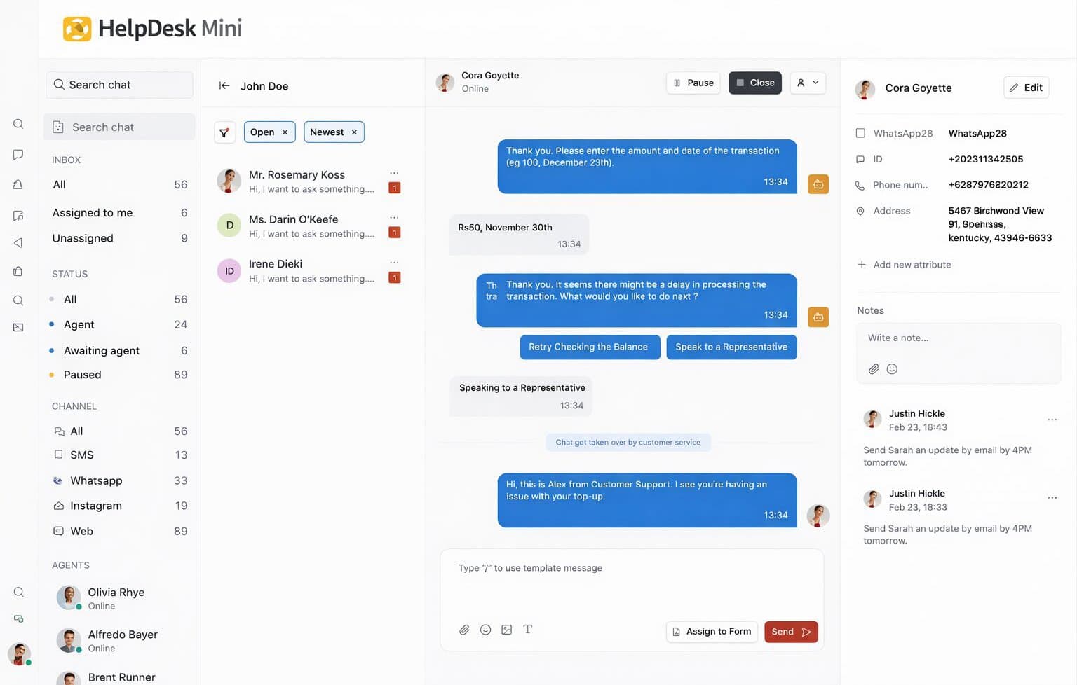 HelpDesk Mini interface showing live customer chat and support dashboard.