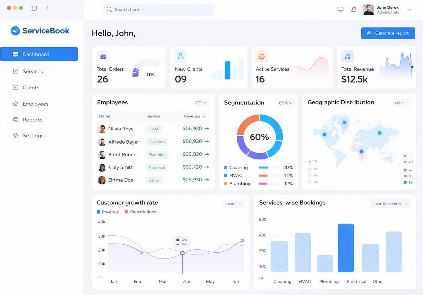 ServiceBook interface showing service booking calendar and upcoming appointments.